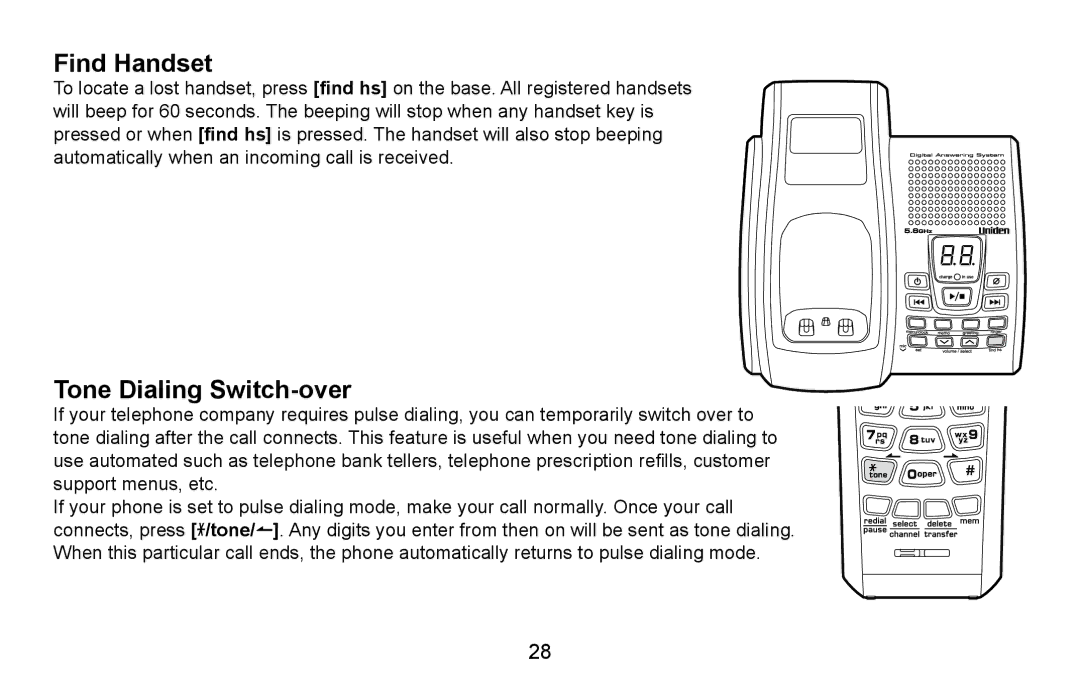 Uniden DXAI5688 manual Find Handset, Tone Dialing Switch-over 