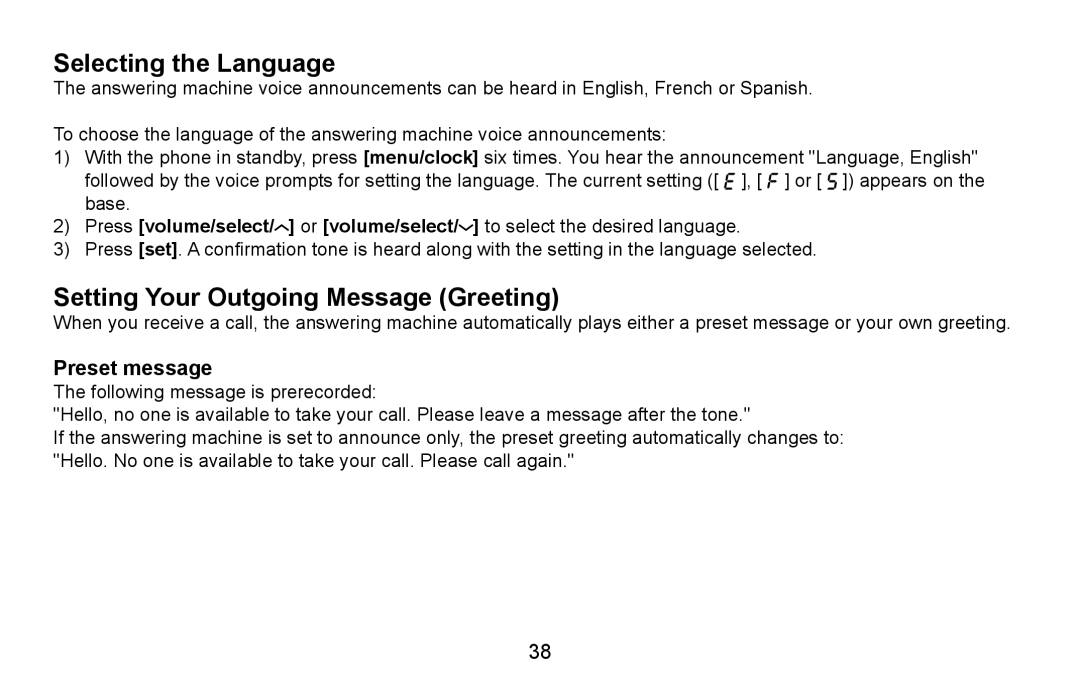 Uniden DXAI5688 manual Selecting the Language, Setting Your Outgoing Message Greeting, Preset message 