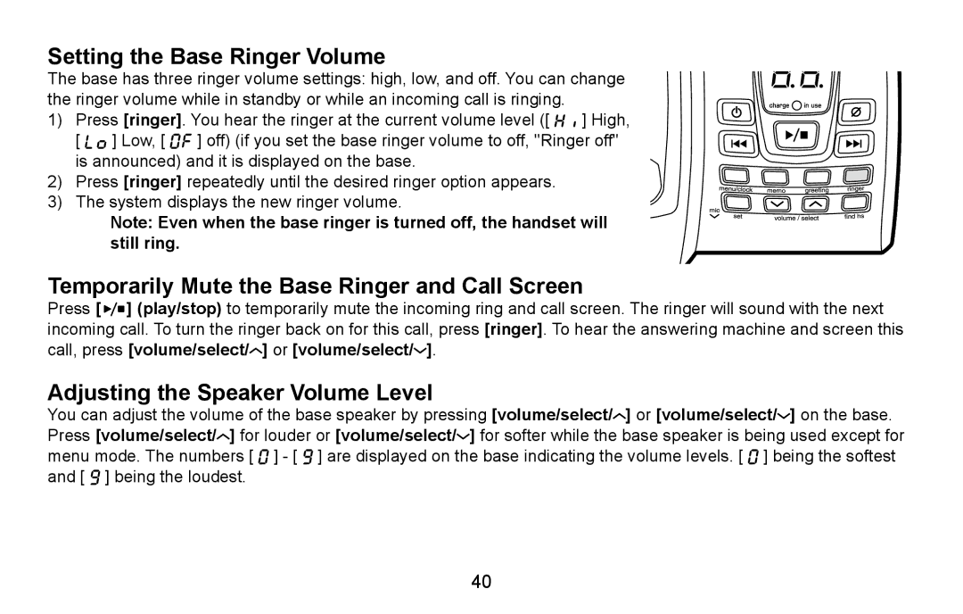 Uniden DXAI5688 manual Setting the Base Ringer Volume, Temporarily Mute the Base Ringer and Call Screen 