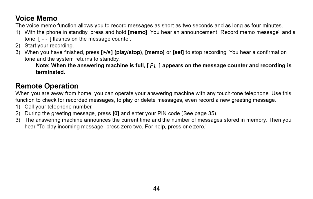 Uniden DXAI5688 manual Voice Memo, Remote Operation 