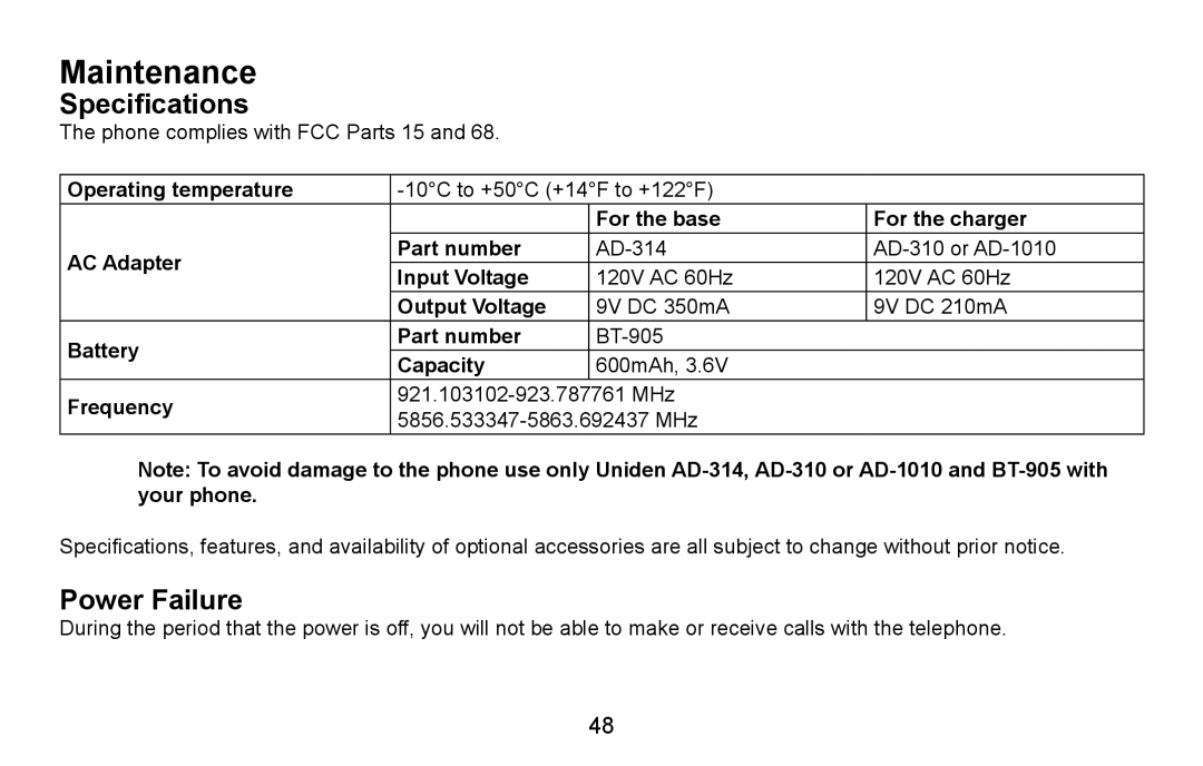 Uniden DXAI5688 manual Maintenance, Specifications, Power Failure 