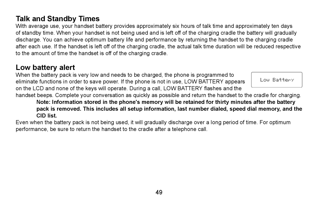 Uniden DXAI5688 manual Talk and Standby Times, Low battery alert 