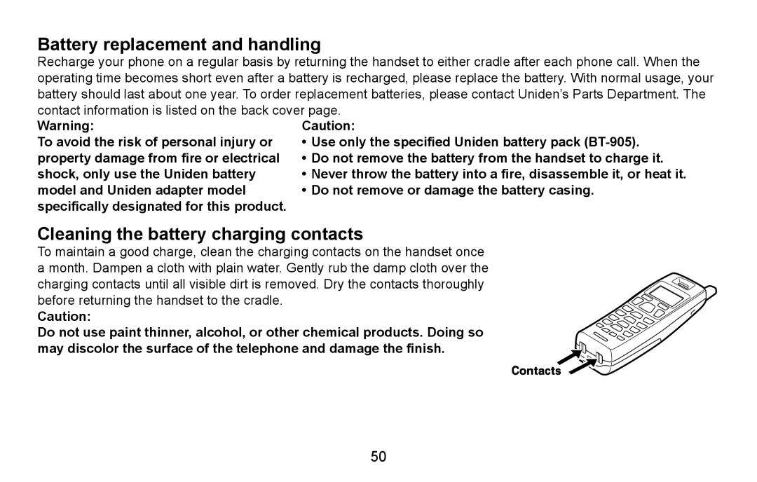 Uniden DXAI5688 manual Battery replacement and handling, Cleaning the battery charging contacts 