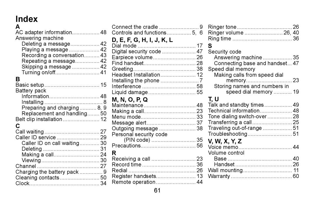 Uniden DXAI5688 manual Index, F, G, H, I, J, K, L, O, P, Q, X, Y, Z 