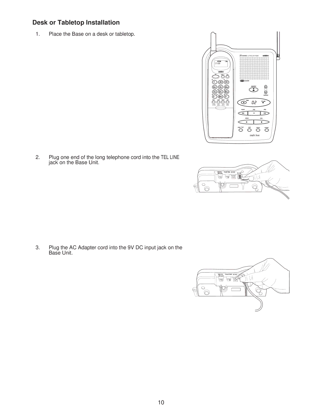 Uniden DXAI685 important safety instructions Desk or Tabletop Installation, Place the Base on a desk or tabletop 