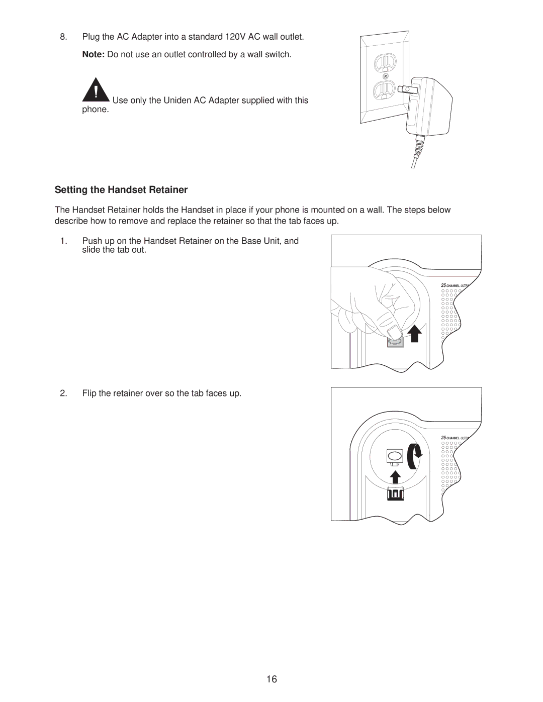 Uniden DXAI685 important safety instructions Setting the Handset Retainer 