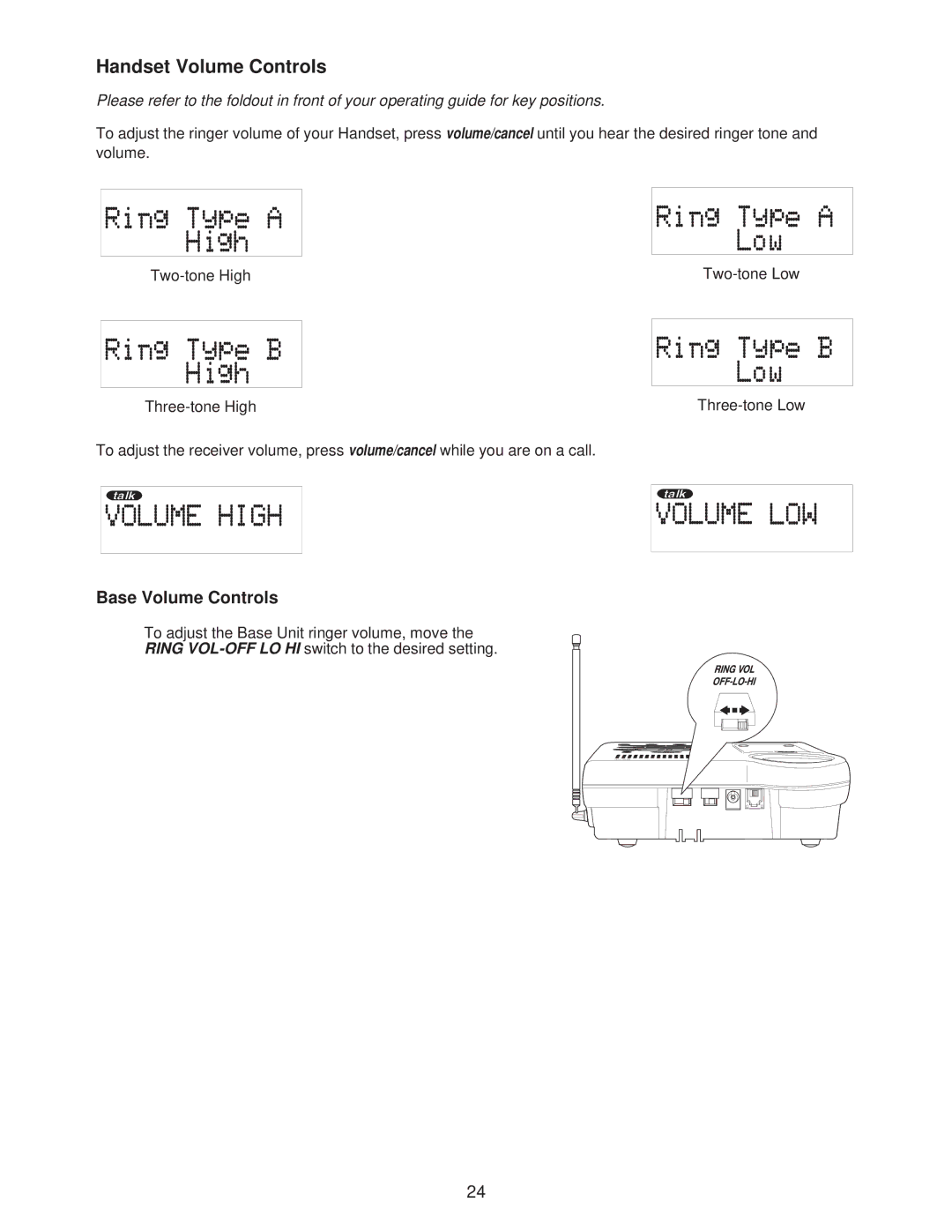 Uniden DXAI685 important safety instructions Handset Volume Controls, Base Volume Controls 