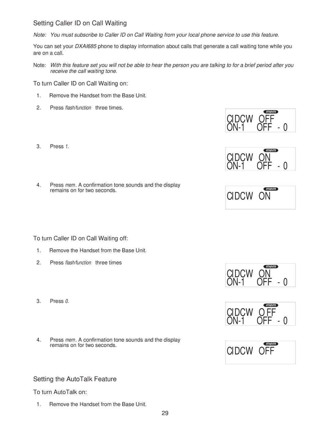 Uniden DXAI685 Setting Caller ID on Call Waiting, Setting the AutoTalk Feature, To turn Caller ID on Call Waiting on 
