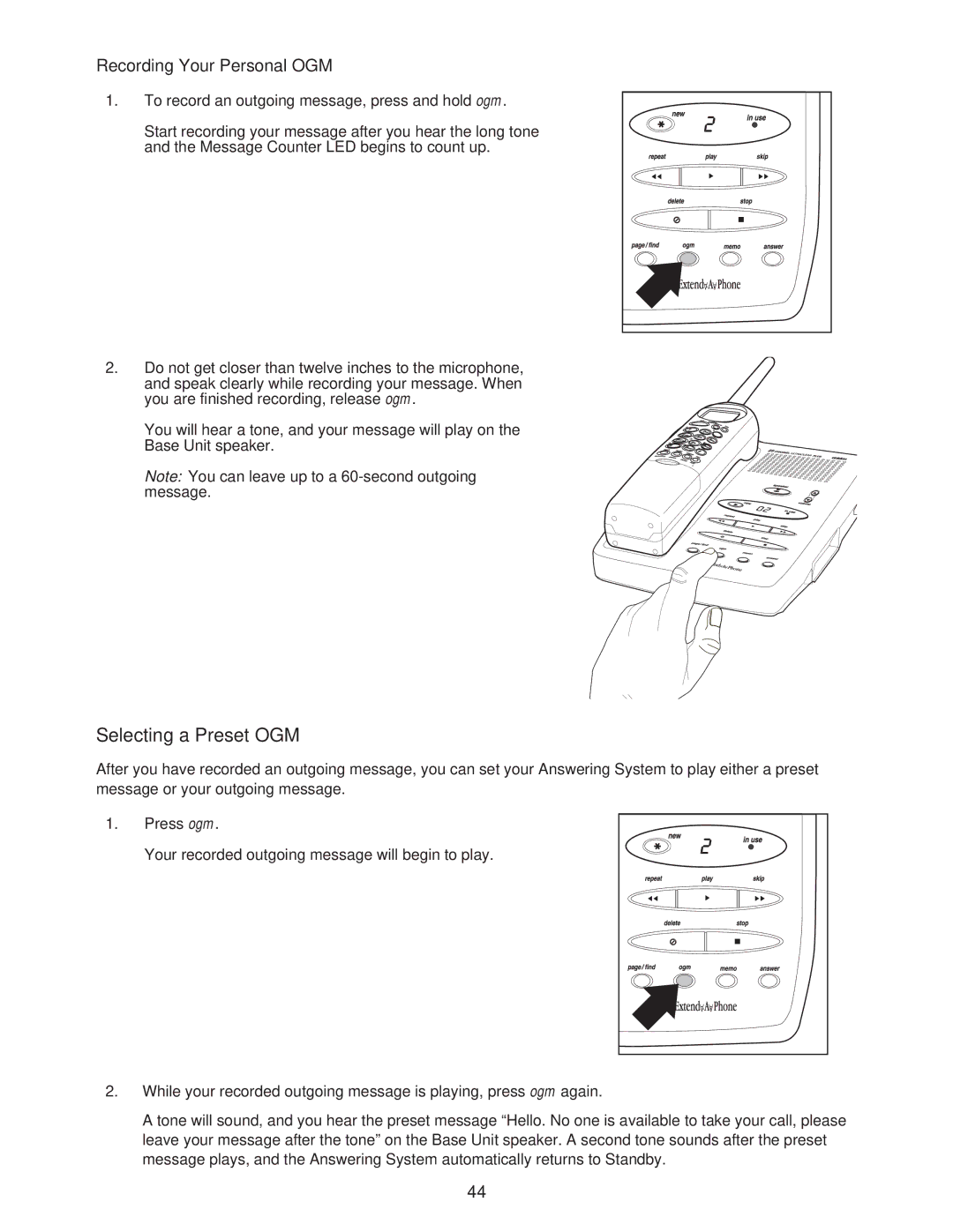 Uniden DXAI685 important safety instructions Selecting a Preset OGM, Recording Your Personal OGM 