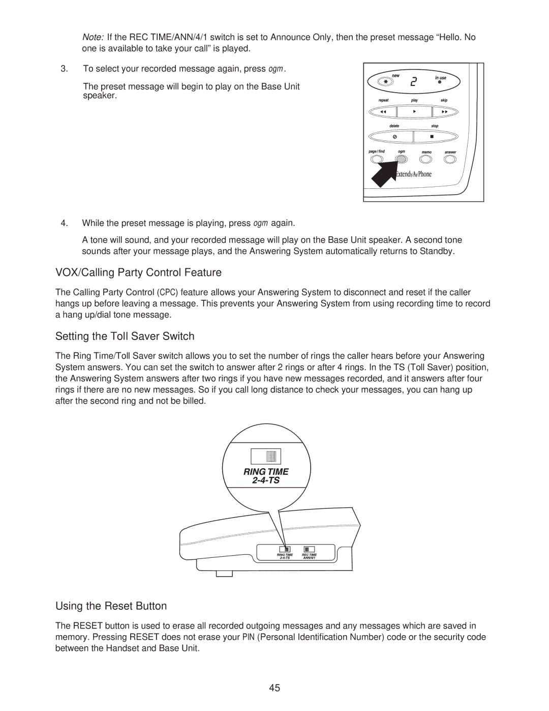 Uniden DXAI685 VOX/Calling Party Control Feature, Setting the Toll Saver Switch, Using the Reset Button 