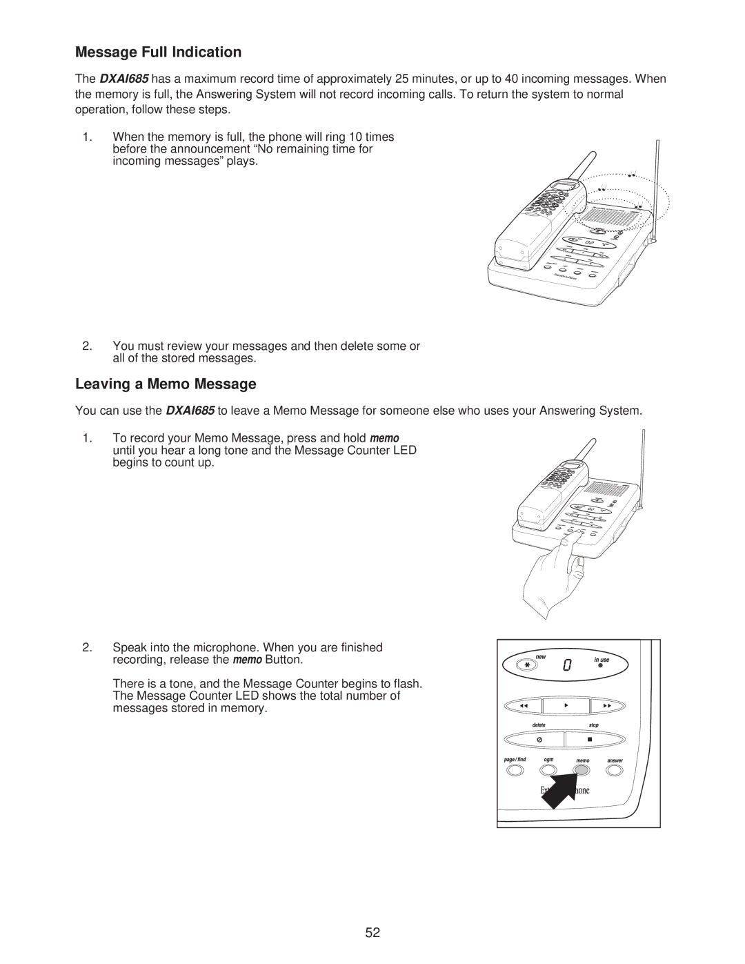 Uniden DXAI685 important safety instructions Message Full Indication, Leaving a Memo Message 