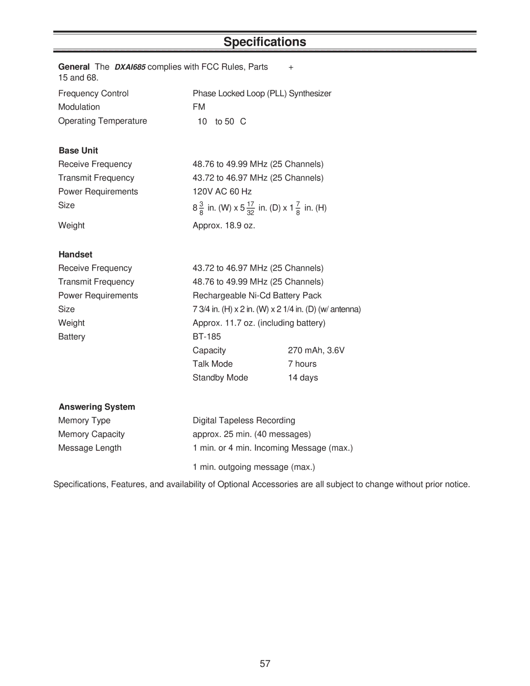 Uniden DXAI685 important safety instructions Specifications, Base Unit 