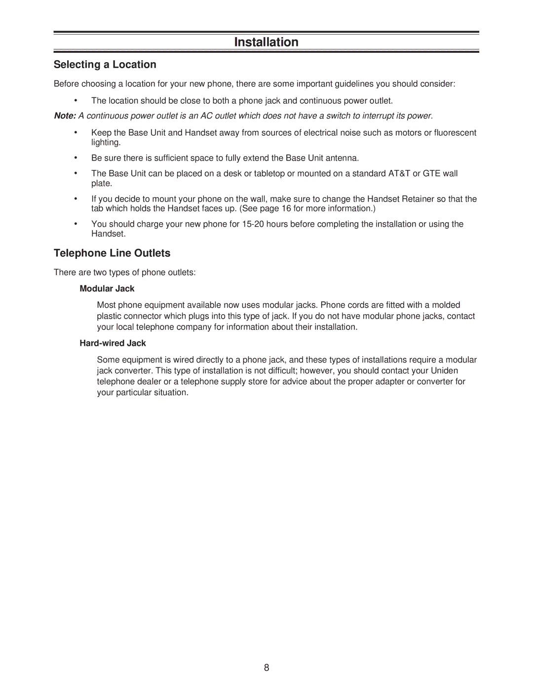 Uniden DXAI685 important safety instructions Installation, Selecting a Location, Telephone Line Outlets 