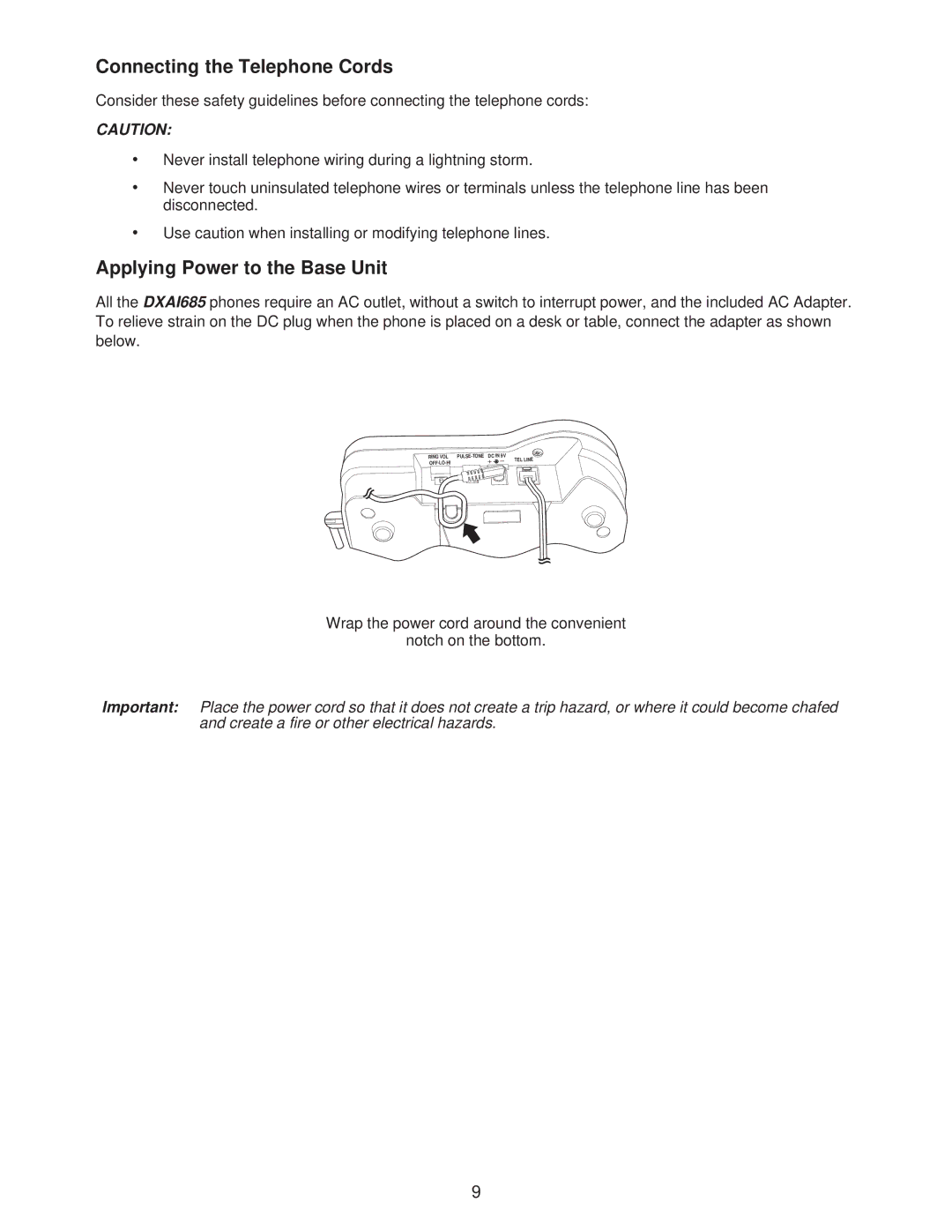 Uniden DXAI685 important safety instructions Connecting the Telephone Cords, Applying Power to the Base Unit 