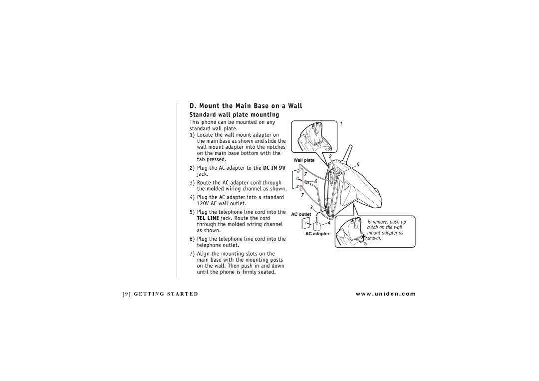 Uniden DXAI7288-2 manual Mount the Main Base on a Wall, Standard wall plate mounting 