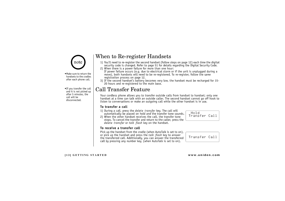 Uniden DXAI7288-2 When to Re-register Handsets, Call Transfer Feature, To transfer a call, To receive a transfer call 