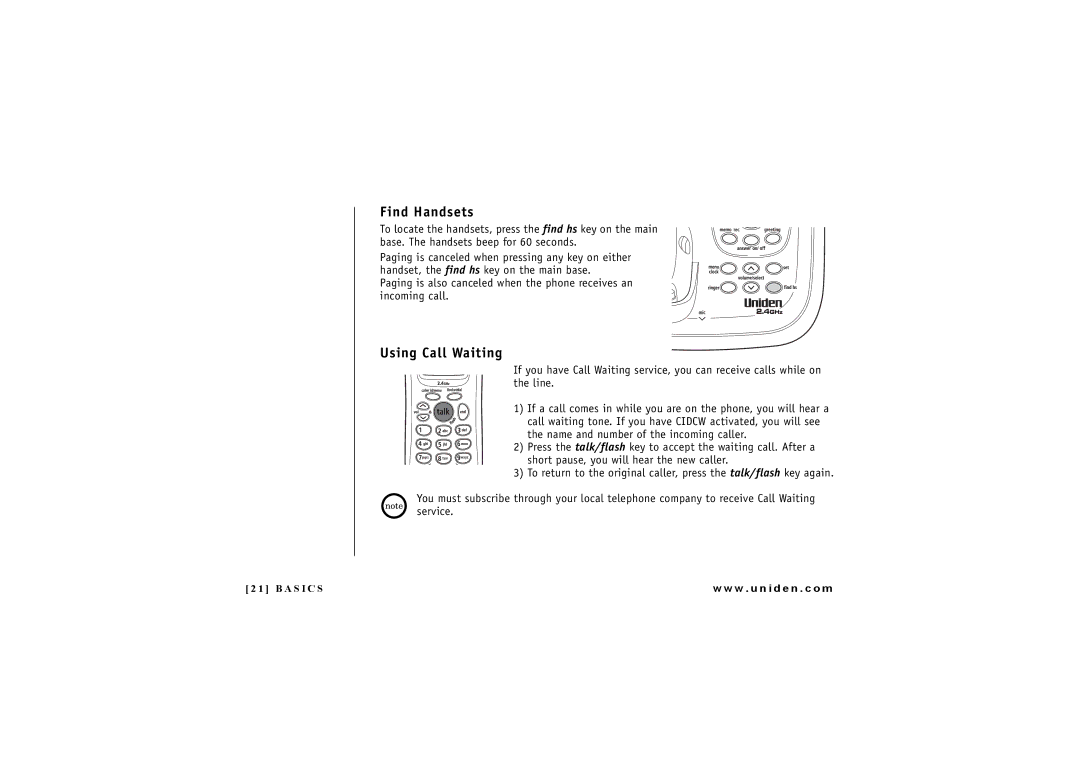 Uniden DXAI7288-2 manual Find Handsets, Using Call Waiting 