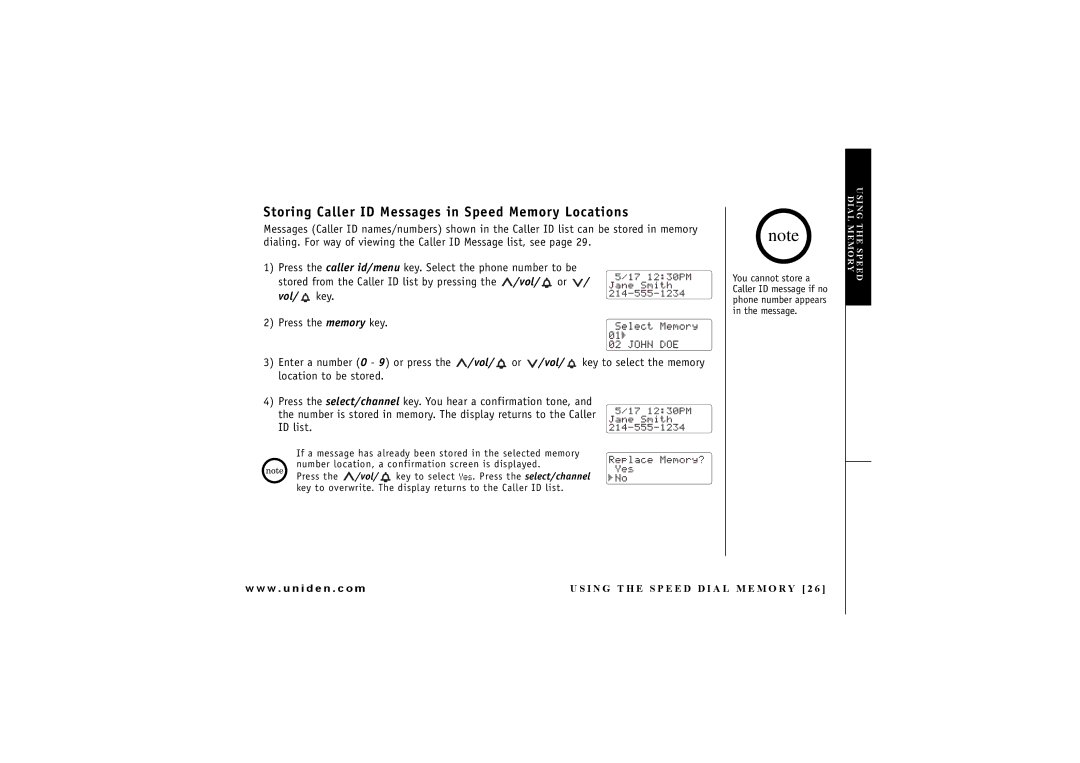 Uniden DXAI7288-2 manual Storing Caller ID Messages in Speed Memory Locations 