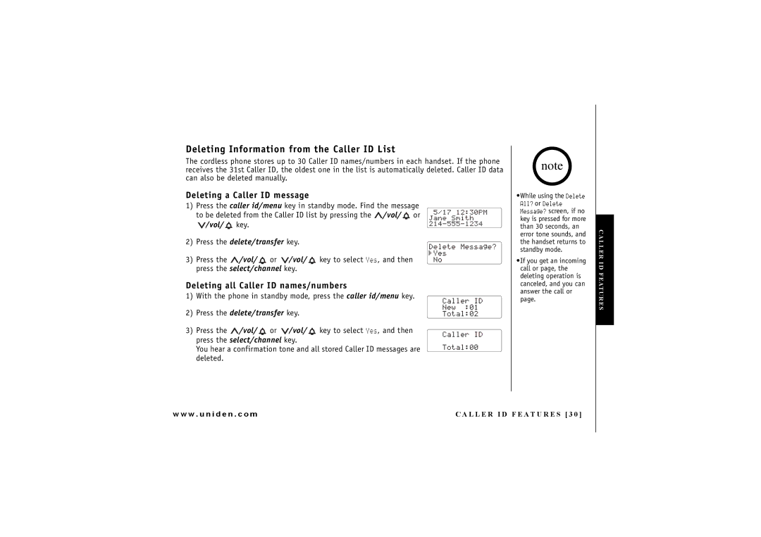 Uniden DXAI7288-2 manual Deleting Information from the Caller ID List, Deleting a Caller ID message 