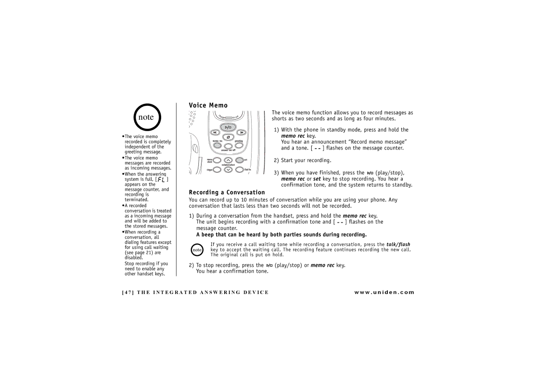 Uniden DXAI7288-2 manual Voice Memo, Recording a Conversation 