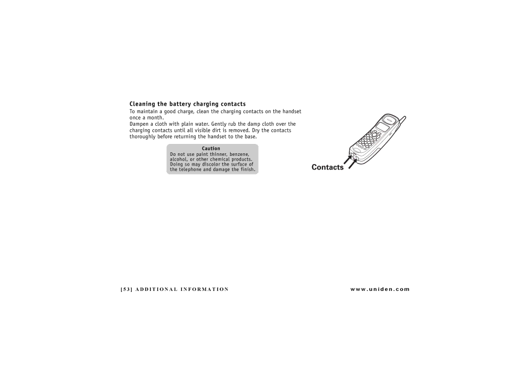 Uniden DXAI7288-2 manual Cleaning the battery charging contacts 