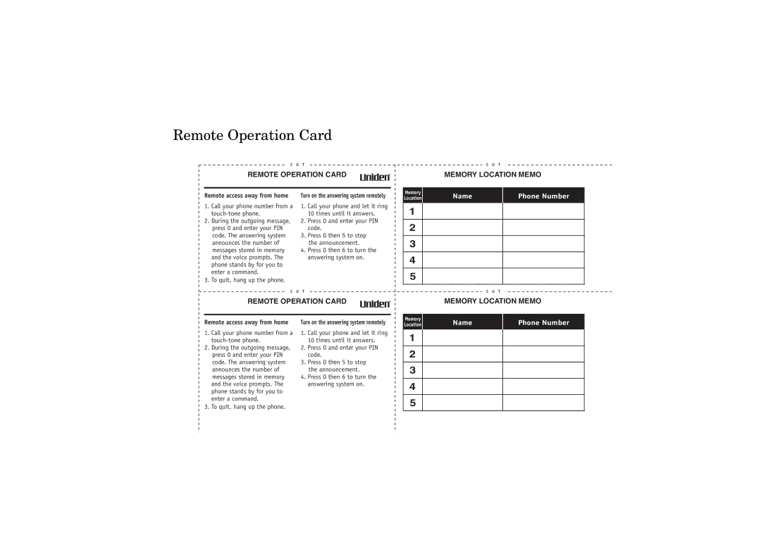 Uniden DXAI7288-2 manual Remote Operation Card Memory Location Memo 