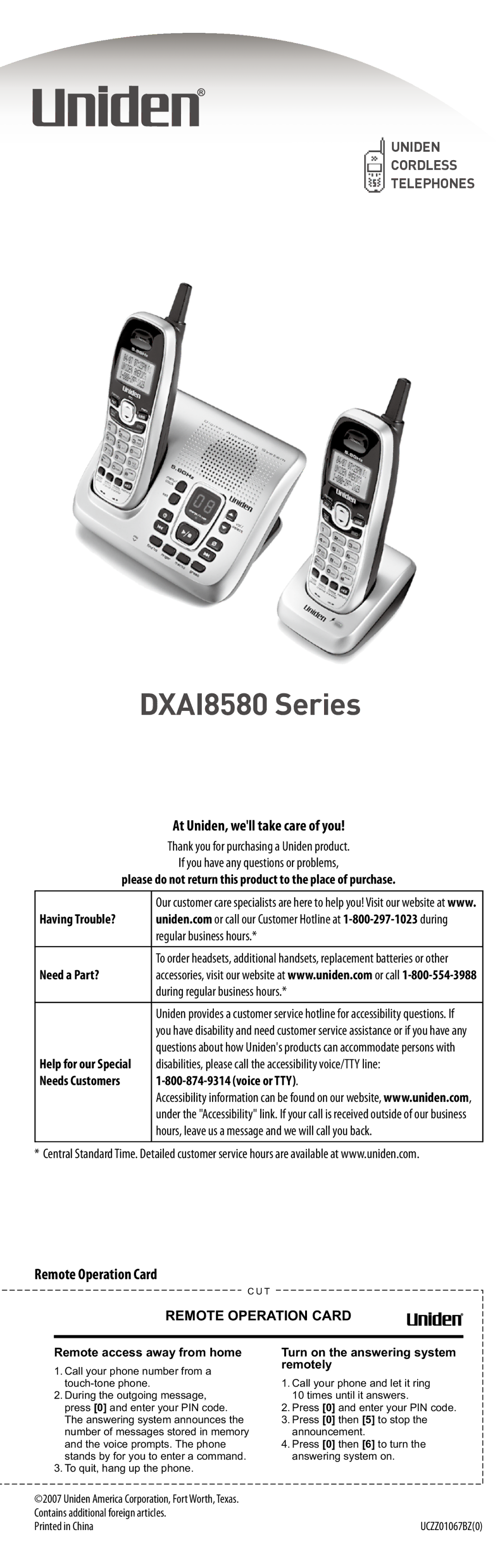 Uniden DXAI8580 Series manual At Uniden, well take care of you, Remote Operation Card 