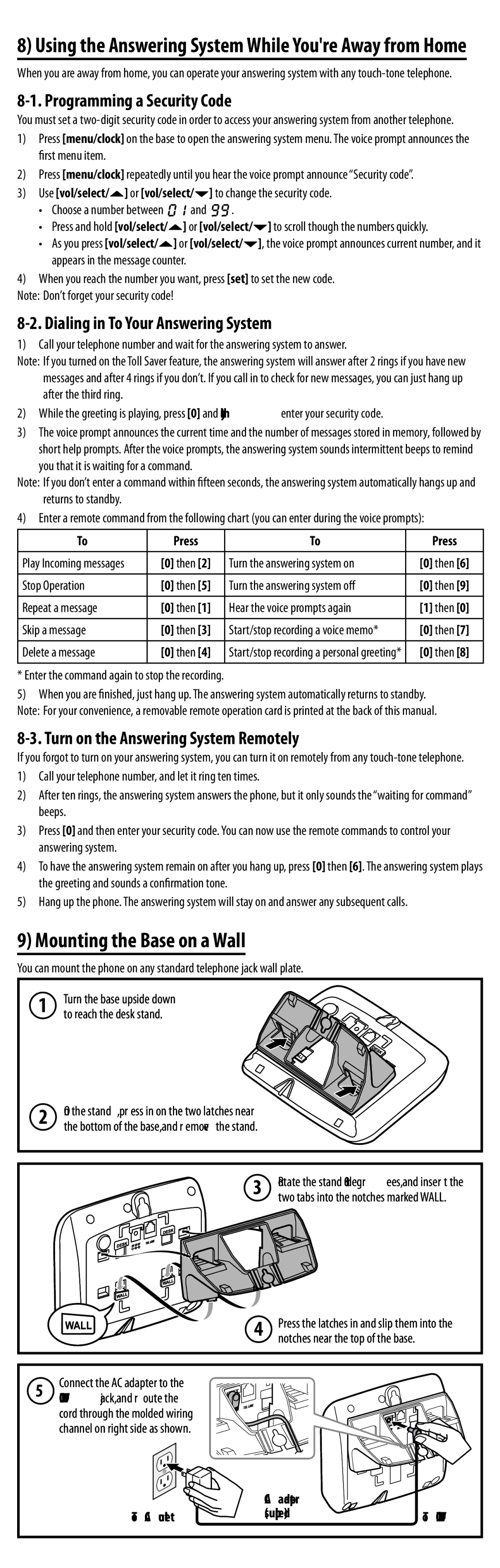 Uniden DXAI8580 Series manual Mounting the Base on a Wall, Programming a Security Code, Dialing in To Your Answering System 