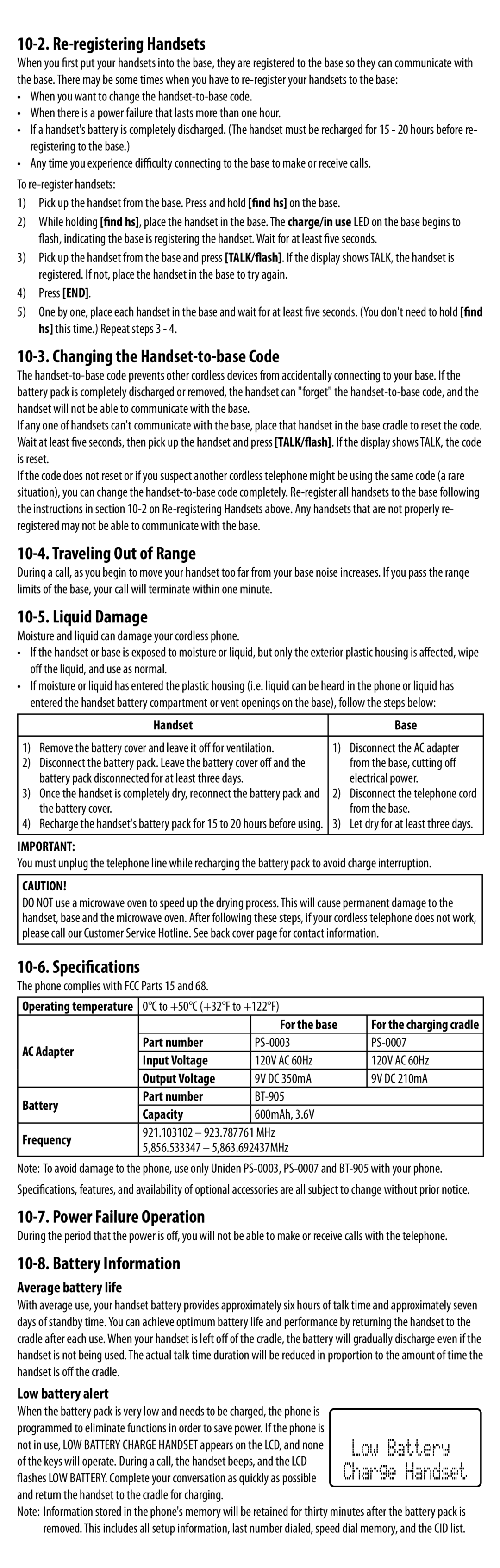 Uniden DXAI8580 Series Re-registering Handsets, Changing the Handset-to-base Code, Traveling Out of Range, Liquid Damage 