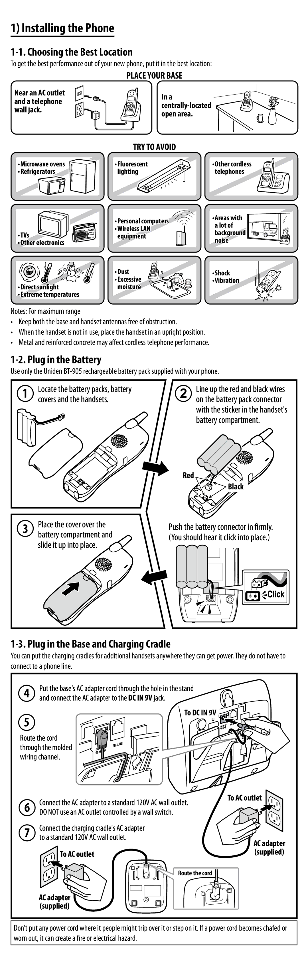 Uniden DXAI8580 Series manual Installing the Phone, Choosing the Best Location, Plug in the Battery 