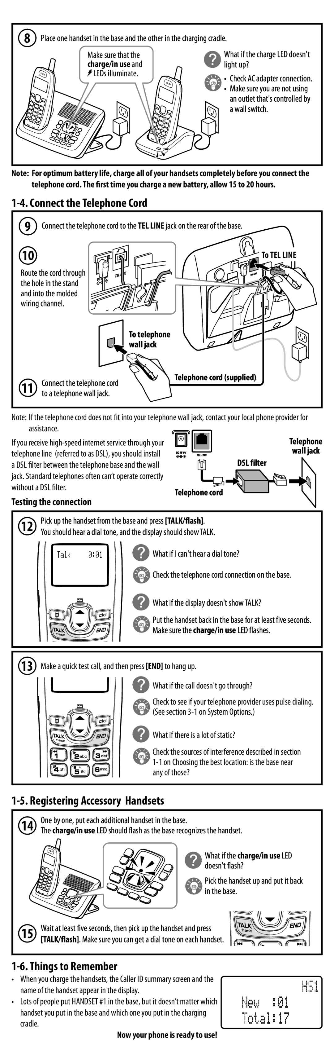 Uniden DXAI8580 Series manual Connect the Telephone Cord, Registering Accessory Handsets, Things to Remember, DSL filter 