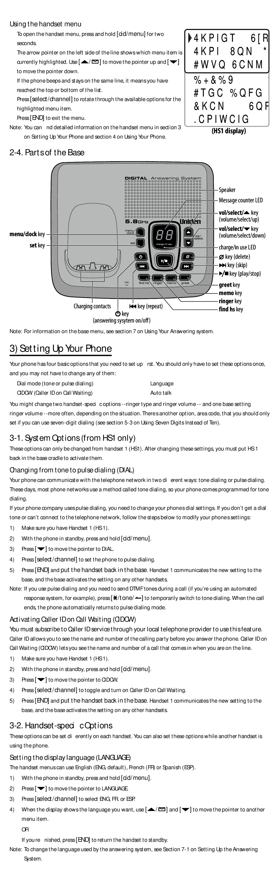 Uniden DXAI8580 Series Setting Up Your Phone, Parts of the Base, System Options from HS1 only, Handset-specific Options 