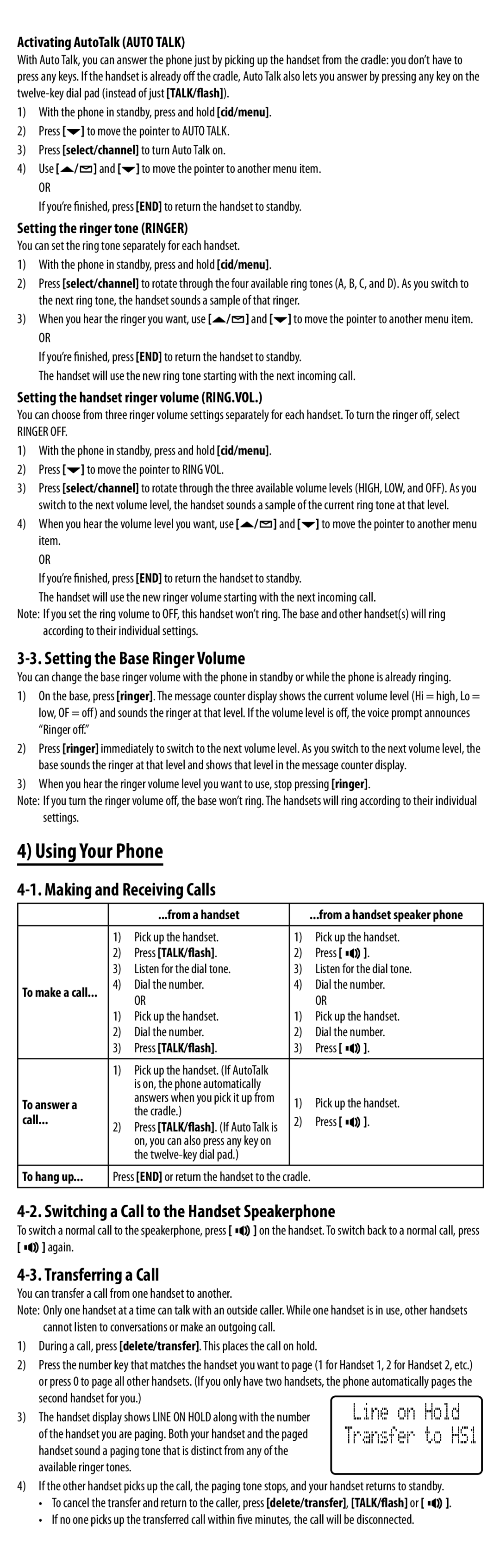 Uniden DXAI8580 Series Using Your Phone, Setting the Base Ringer Volume, Making and Receiving Calls, Transferring a Call 