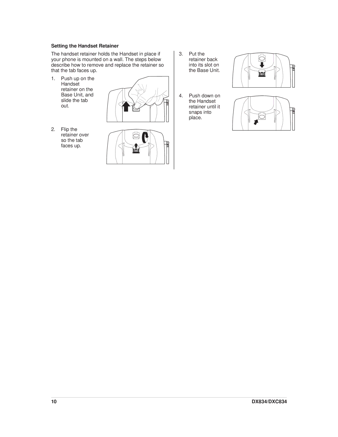 Uniden DXC834, DX834 important safety instructions Setting the Handset Retainer 