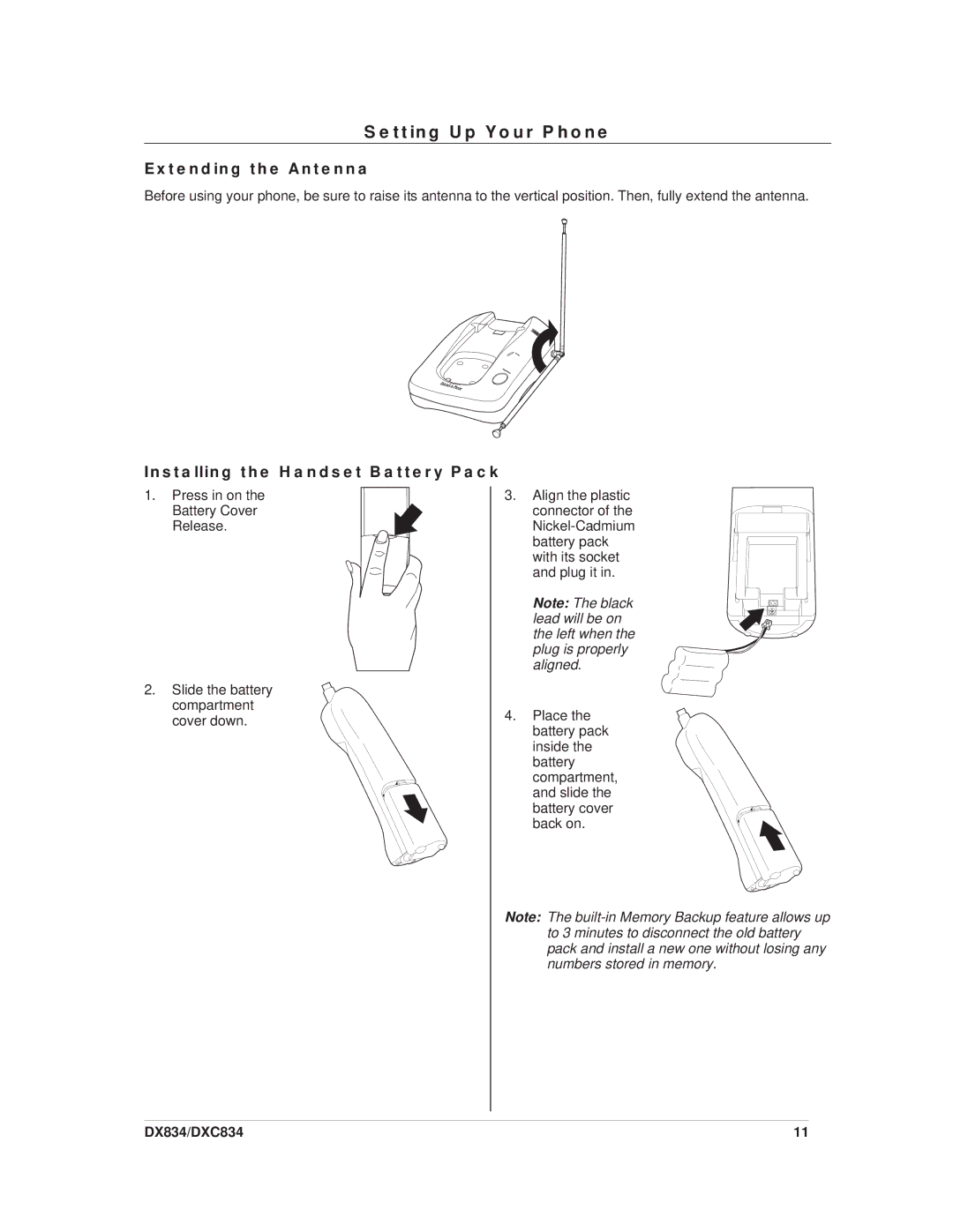 Uniden DX834, DXC834 Setting Up Your Phone, Extending the Antenna, Installing the Handset Battery Pack 