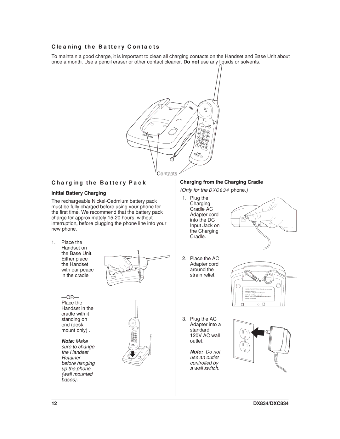 Uniden DXC834, DX834 Cleaning the Battery Contacts, Charging the Battery Pack, Initial Battery Charging 