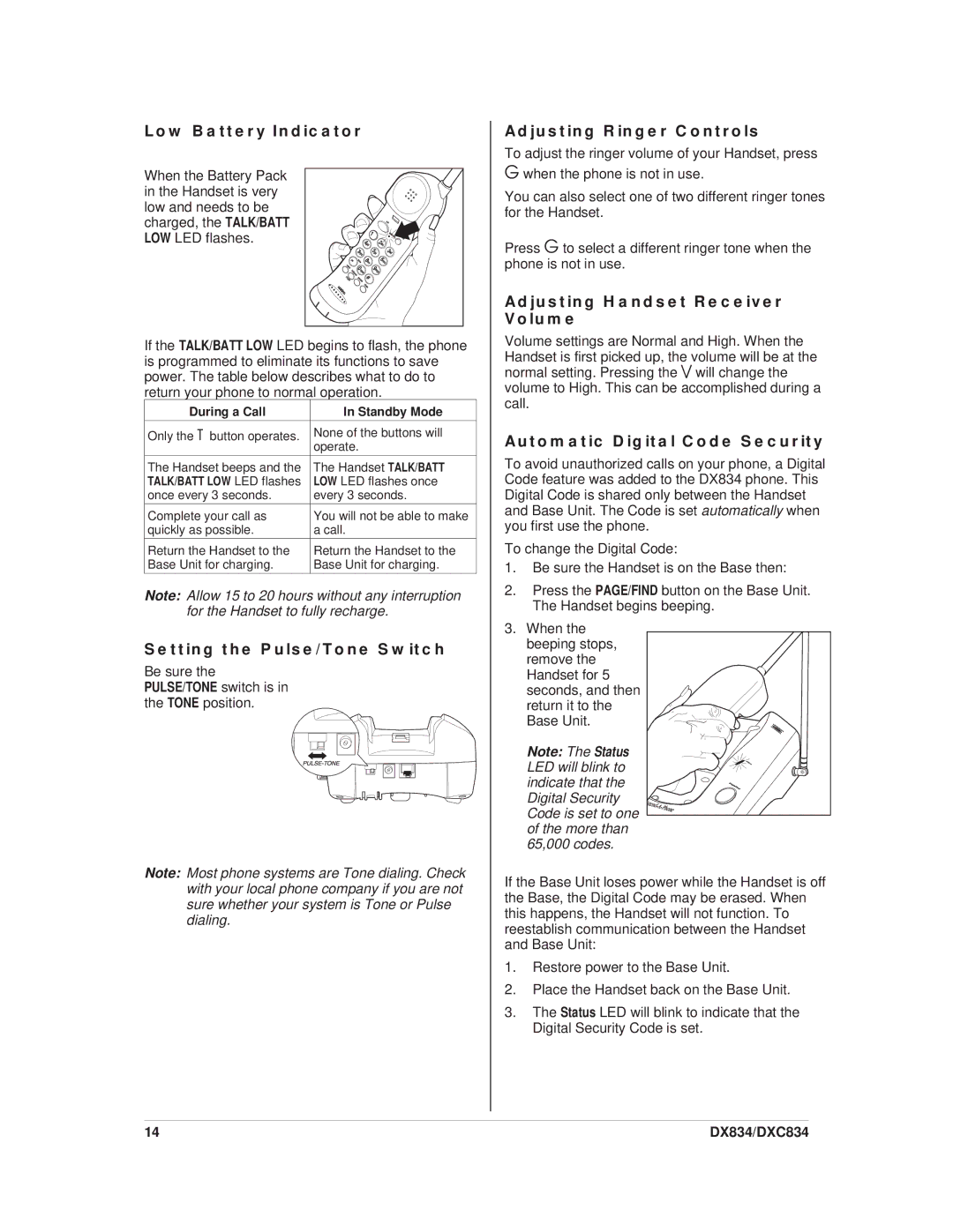 Uniden DXC834, DX834 Low Battery Indicator, Setting the Pulse/Tone Switch, Adjusting Ringer Controls 