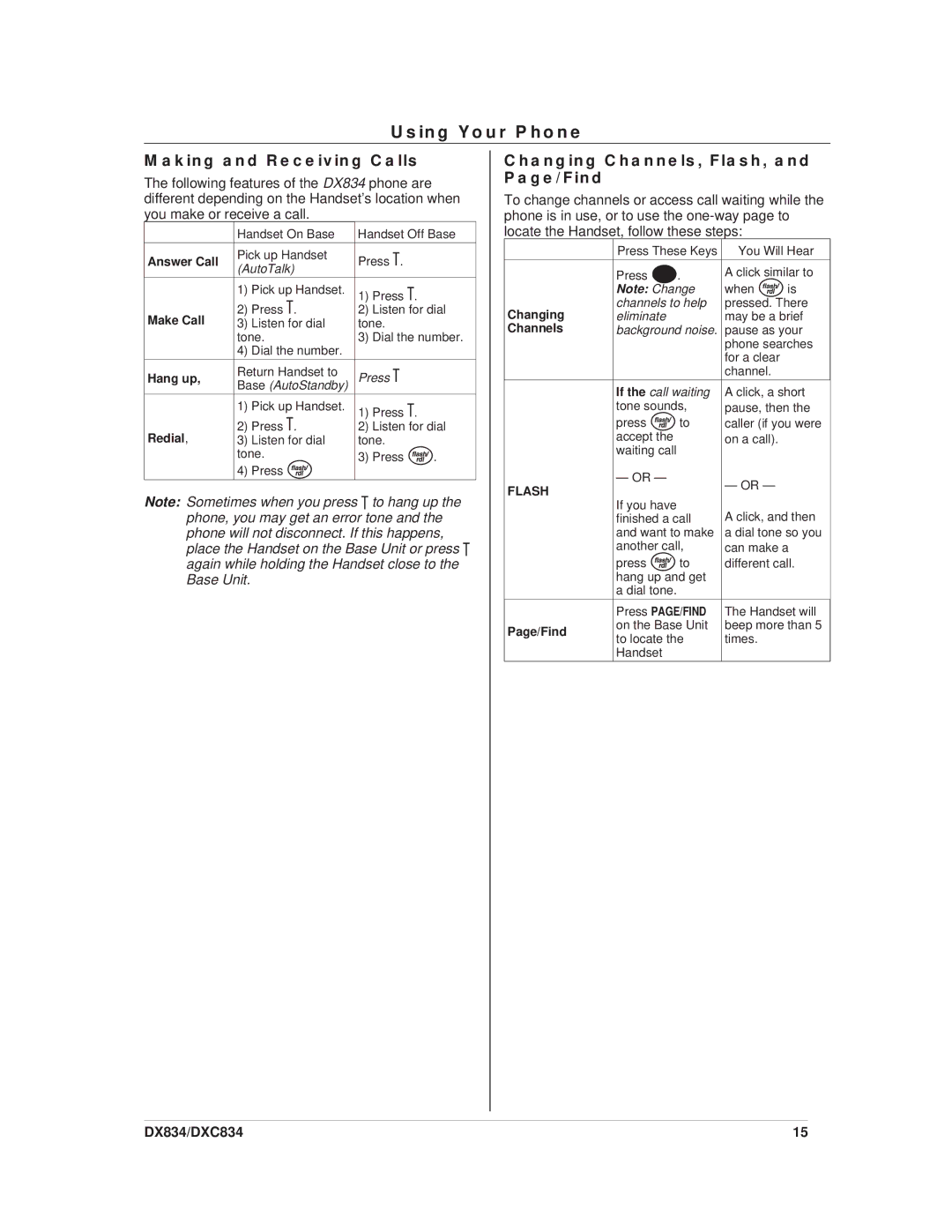 Uniden DX834, DXC834 Using Your Phone, Making and Receiving Calls, Changing Channels, Flash, and Page/Find 