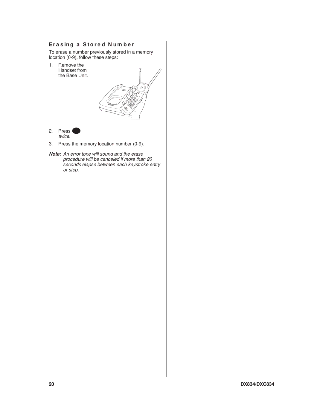 Uniden DXC834, DX834 important safety instructions Erasing a Stored Number 