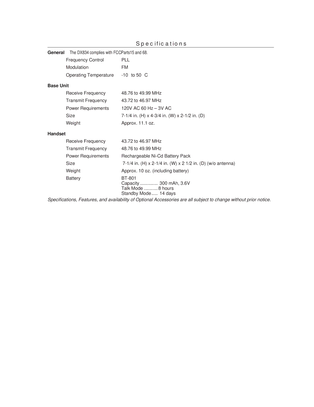 Uniden DXC834, DX834 important safety instructions Specifications, Base Unit, Handset 