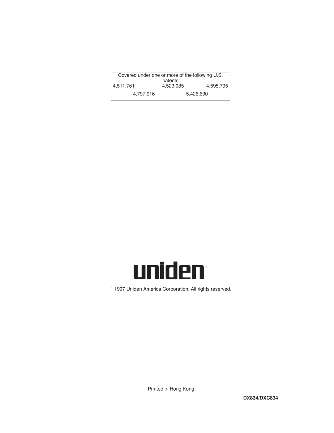 Uniden DXC834, DX834 important safety instructions Covered under one or more of the following U.S Patents 