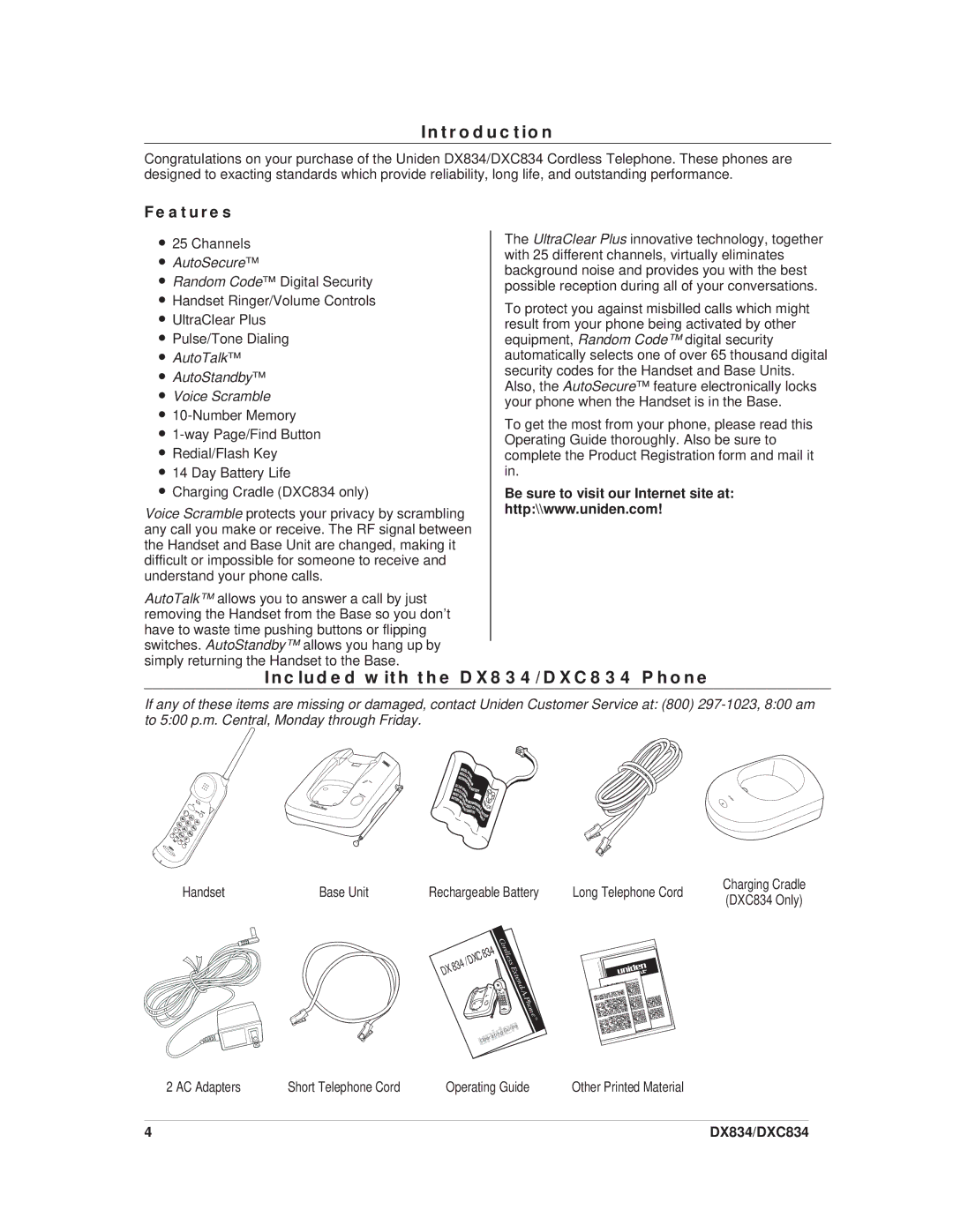 Uniden important safety instructions Introduction, Included with the DX834/DXC834 Phone, Features 