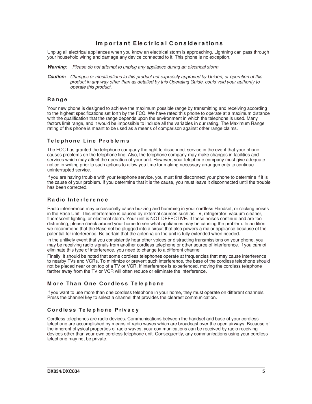 Uniden DX834, DXC834 important safety instructions Important Electrical Considerations 