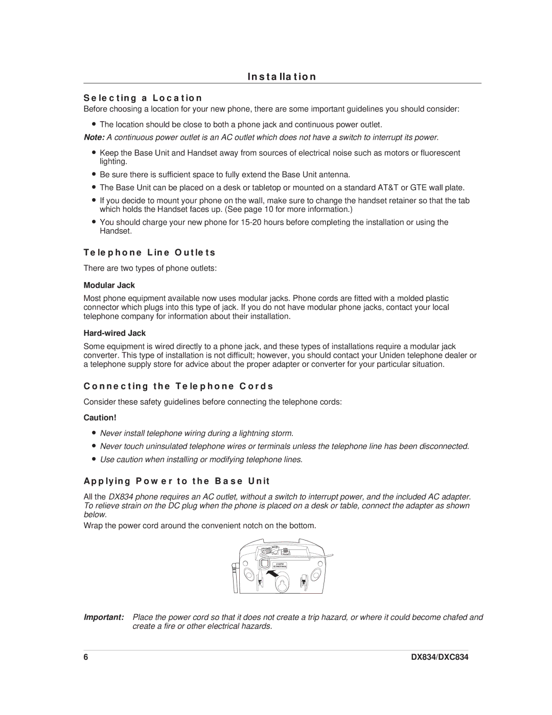 Uniden DXC834, DX834 Installation, Selecting a Location, Telephone Line Outlets, Connecting the Telephone Cords 