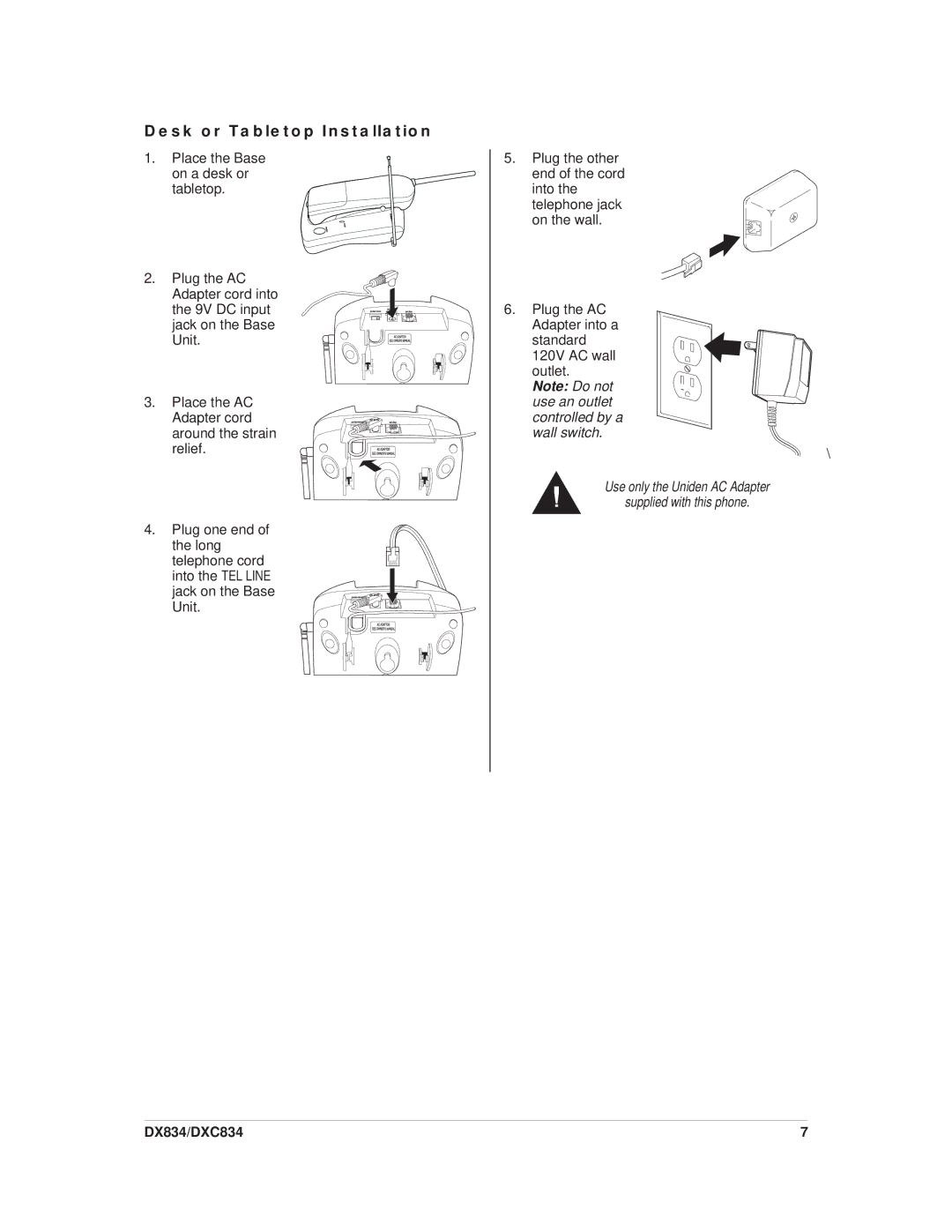 Uniden DX834, DXC834 important safety instructions Desk or Tabletop Installation 