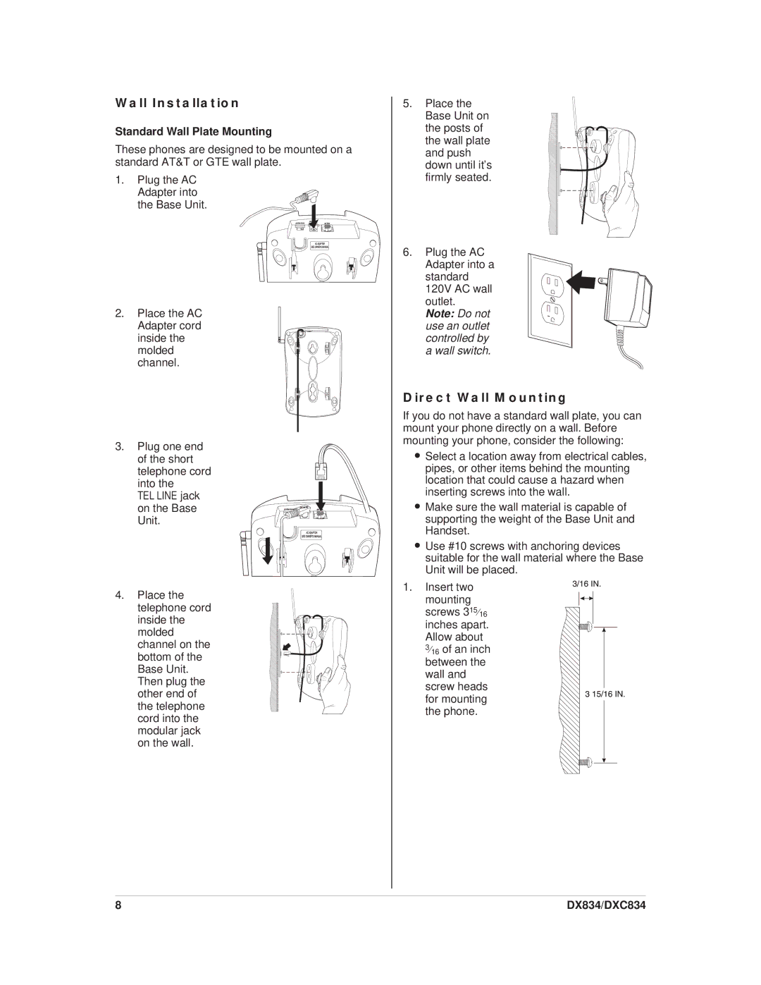 Uniden DXC834, DX834 important safety instructions Wall Installation, Direct Wall Mounting, Standard Wall Plate Mounting 