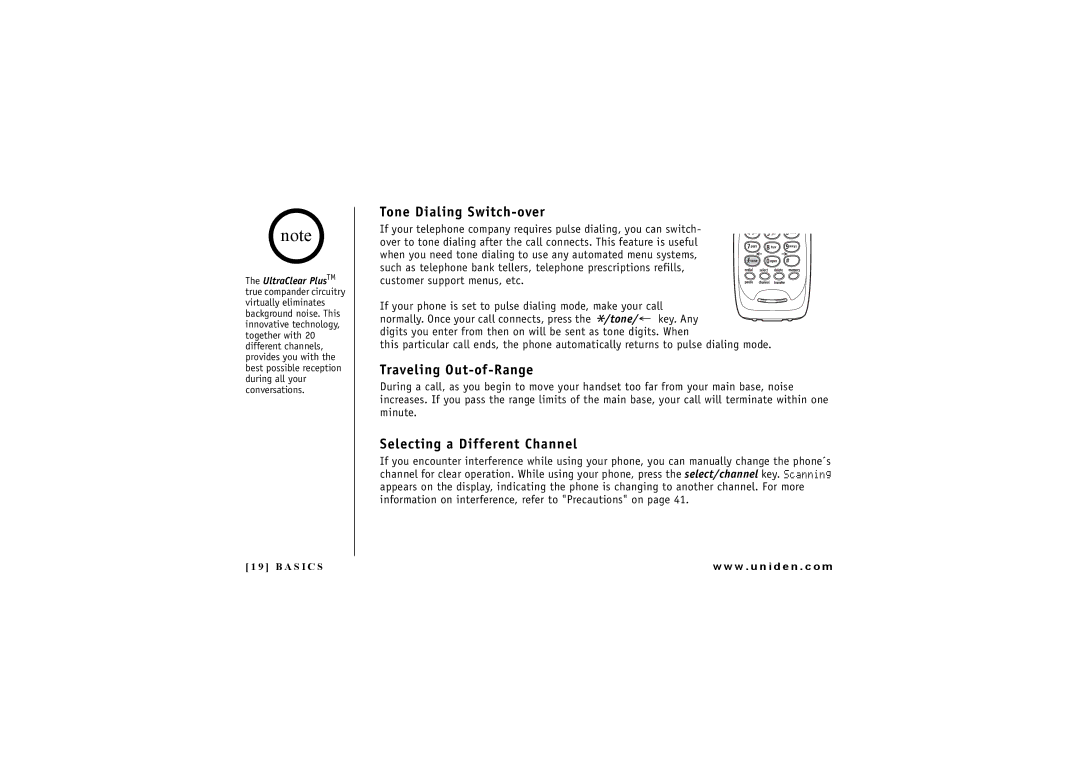 Uniden DXI 7284-2 Series manual Tone Dialing Switch-over, Traveling Out-of-Range, Selecting a Different Channel 