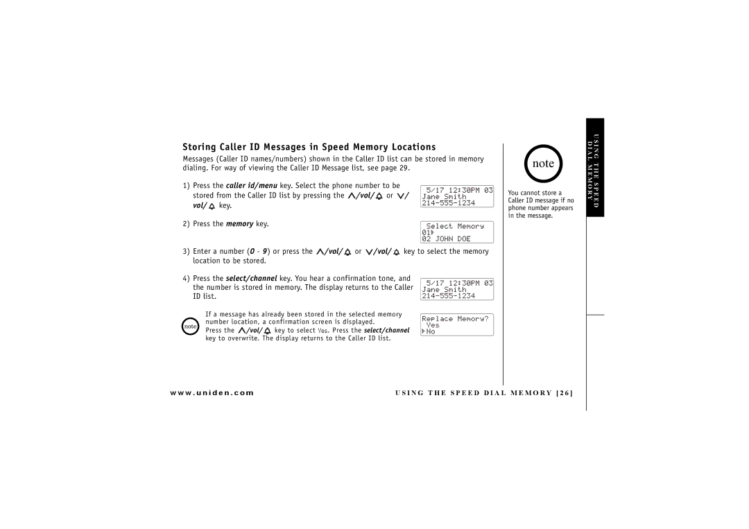 Uniden DXI 7284-2 Series manual Storing Caller ID Messages in Speed Memory Locations 