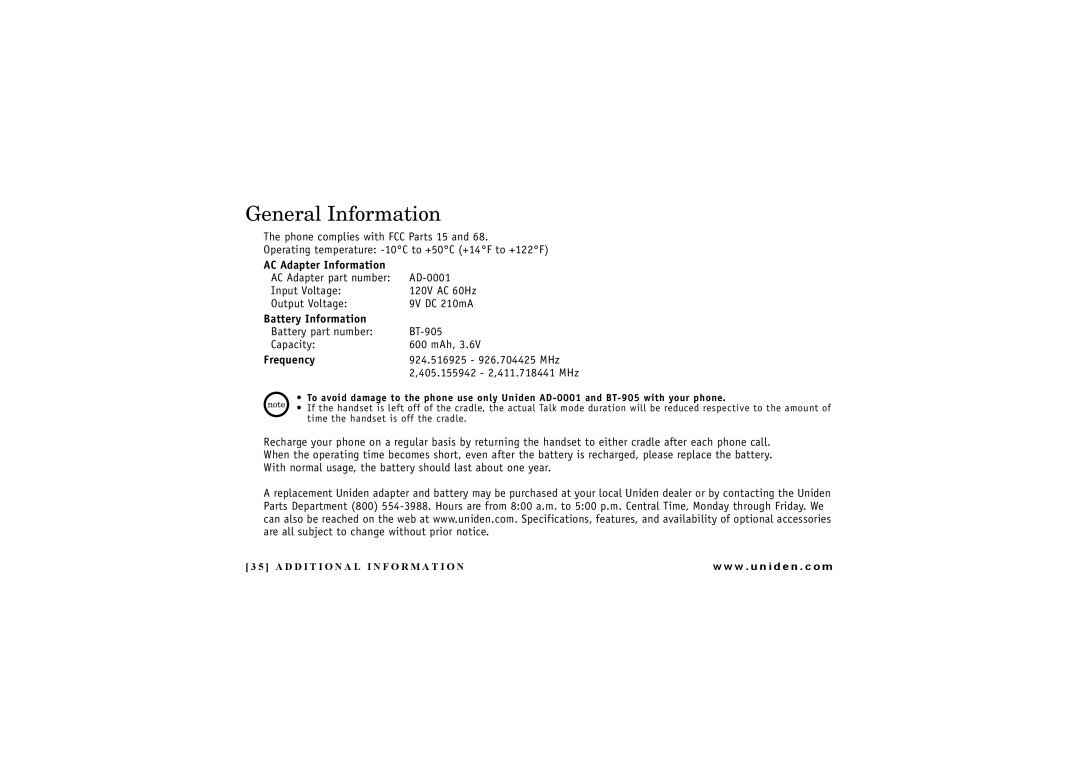 Uniden DXI 7284-2 Series manual General Information, Frequency 