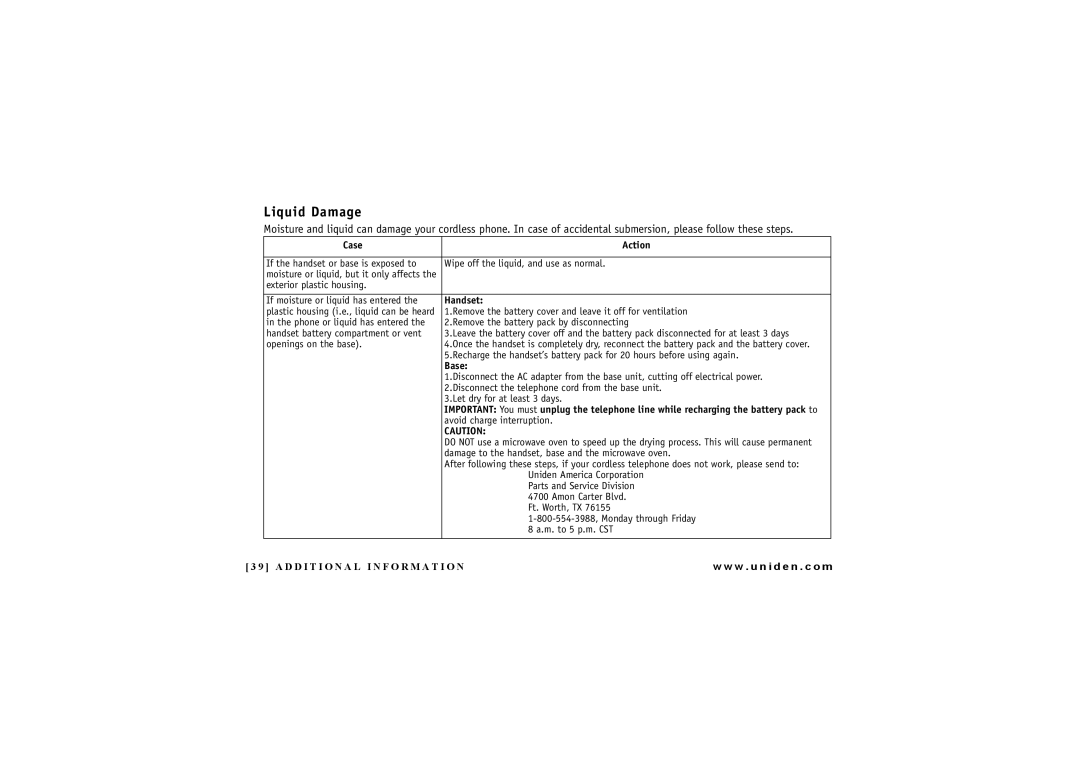 Uniden DXI 7284-2 Series manual Liquid Damage, Case Action, Handset, Base 